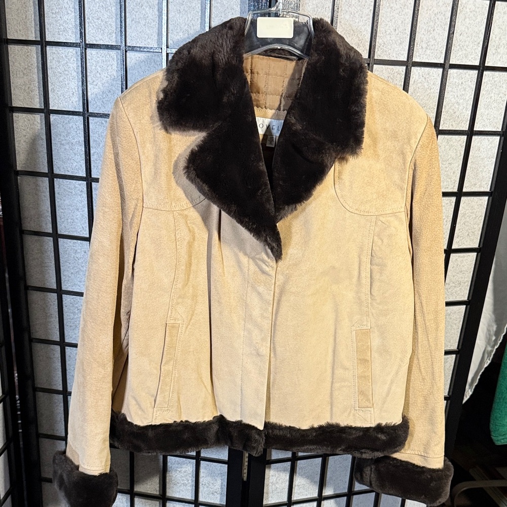 Vintage Genuine Pig Skin Leather "Novella" Jacket, Tan, Lined. Faux Fur. SZ XL